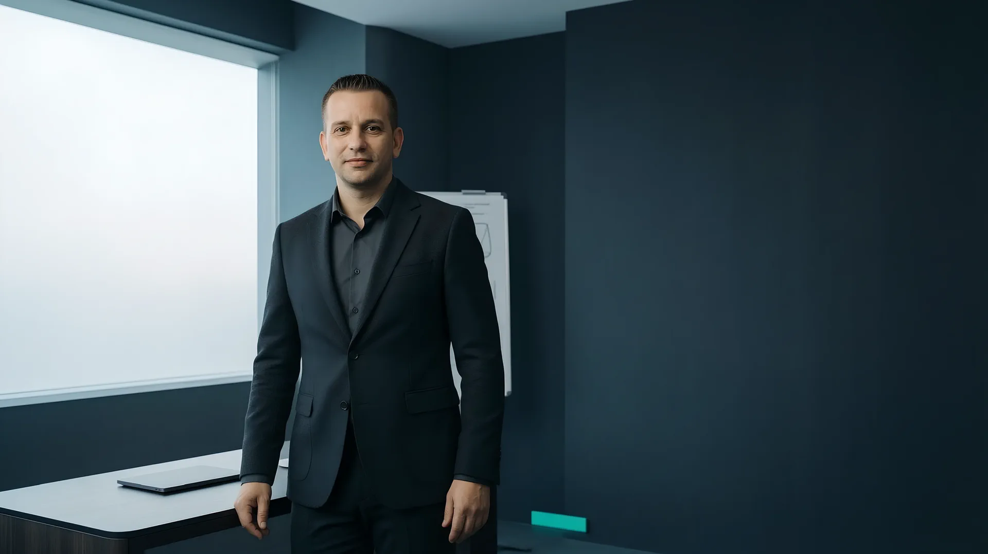 Ambru Cosmin Claudiu, marketing and AI specialist, in a meeting room in Timișoara.