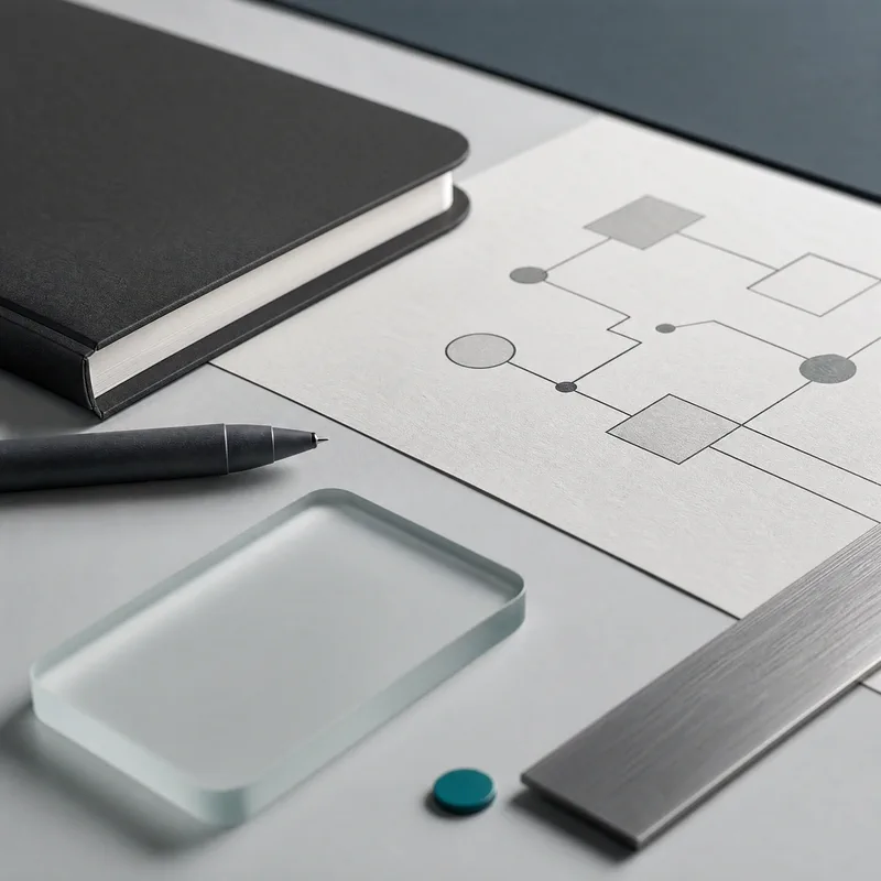 A notebook, pen and a printed process map on a work surface.